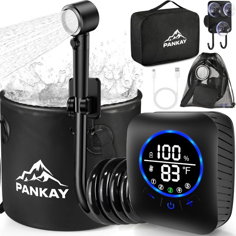Pankay Portable Shower for Camping, 8000mAh Rechargeable Camping Shower Pump with XL Foldable Bucket, IPX8 Waterproof, Surrounding Water Inlet, 5 Pressure Modes Outdoor Shower Pump for Hiking, Travel, Pet - Image 1
